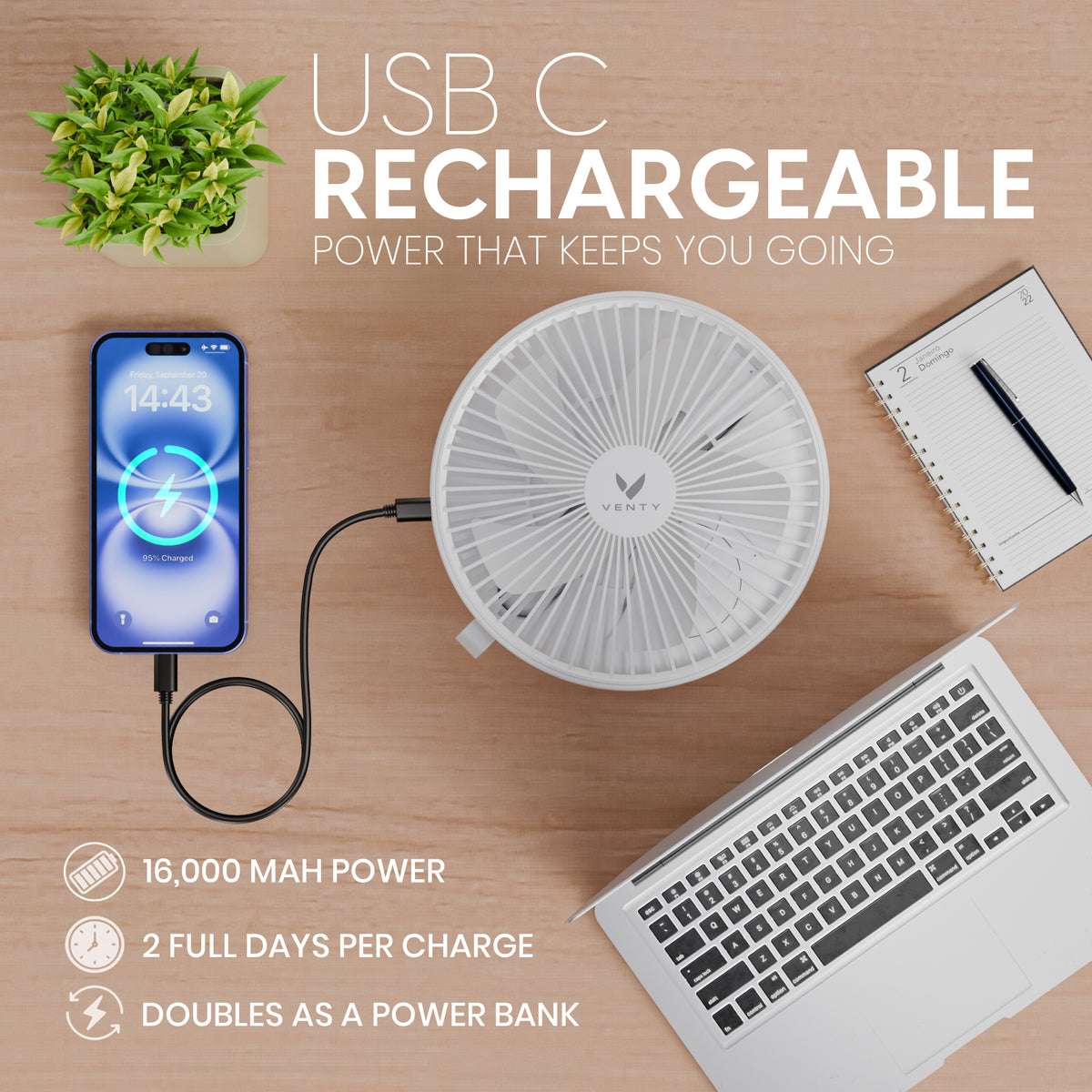 Venty Fan Rechargeable & Portable Fan - 48-Hour Battery Life – V E N T Y